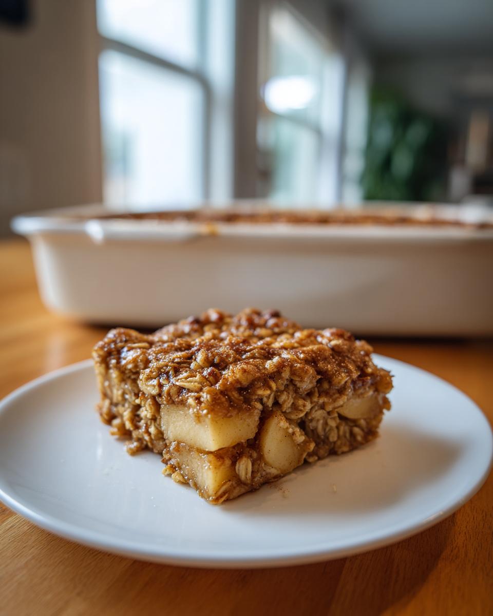 A square serving of moist apple baked oatmeal with visible oat texture and chunks of apple, served on a white plate.