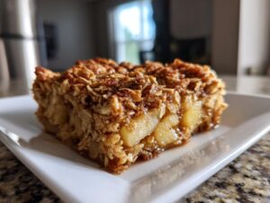 Close-up of a square slice of apple baked oatmeal showing oats and cinnamon on a white plate.