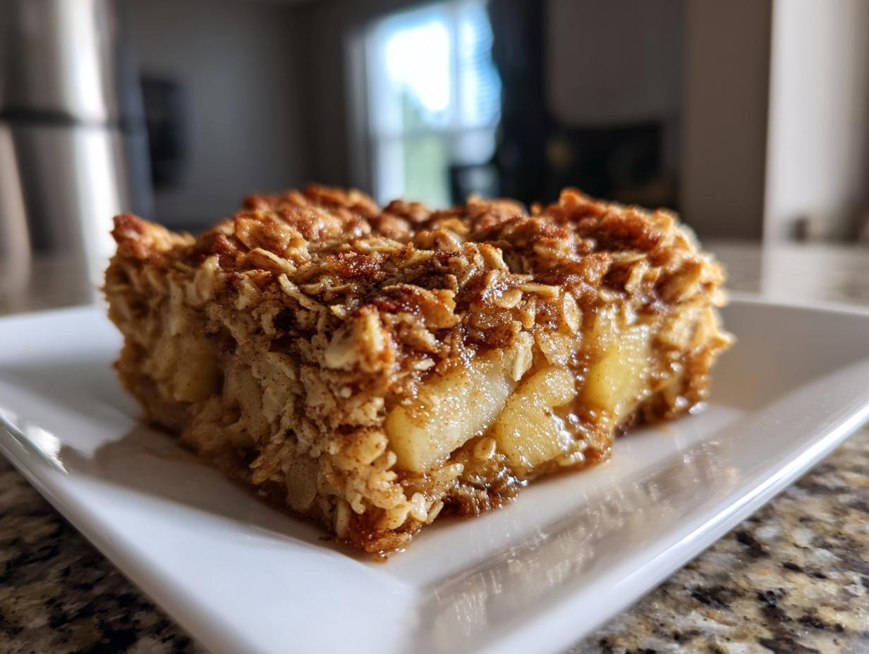 Close-up of a square slice of apple baked oatmeal showing oats and cinnamon on a white plate.