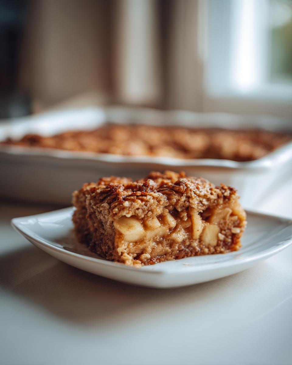 A square slice of apple baked oatmeal with a thick, crunchy topping served on a small white plate.