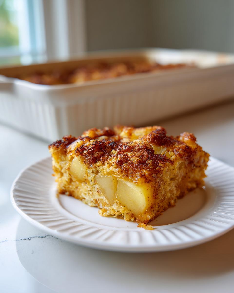 A square slice of apple baked oatmeal topped with cinnamon sugar on a white plate.