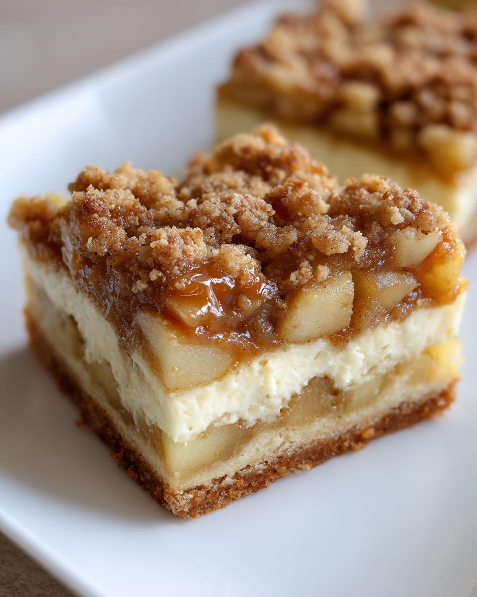 A close-up view of a thick, layered apple cheesecake bars slice featuring a graham cracker crust, creamy cheesecake, spiced apples, and a crumble topping.