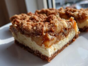 A close-up view of a layered apple cheesecake bars slice showing a graham cracker crust, creamy cheesecake layer, spiced apples, and crumb topping.