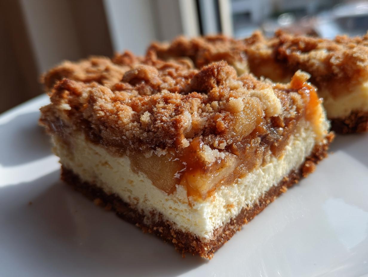 A close-up view of a layered apple cheesecake bars slice showing a graham cracker crust, creamy cheesecake layer, spiced apples, and crumb topping.