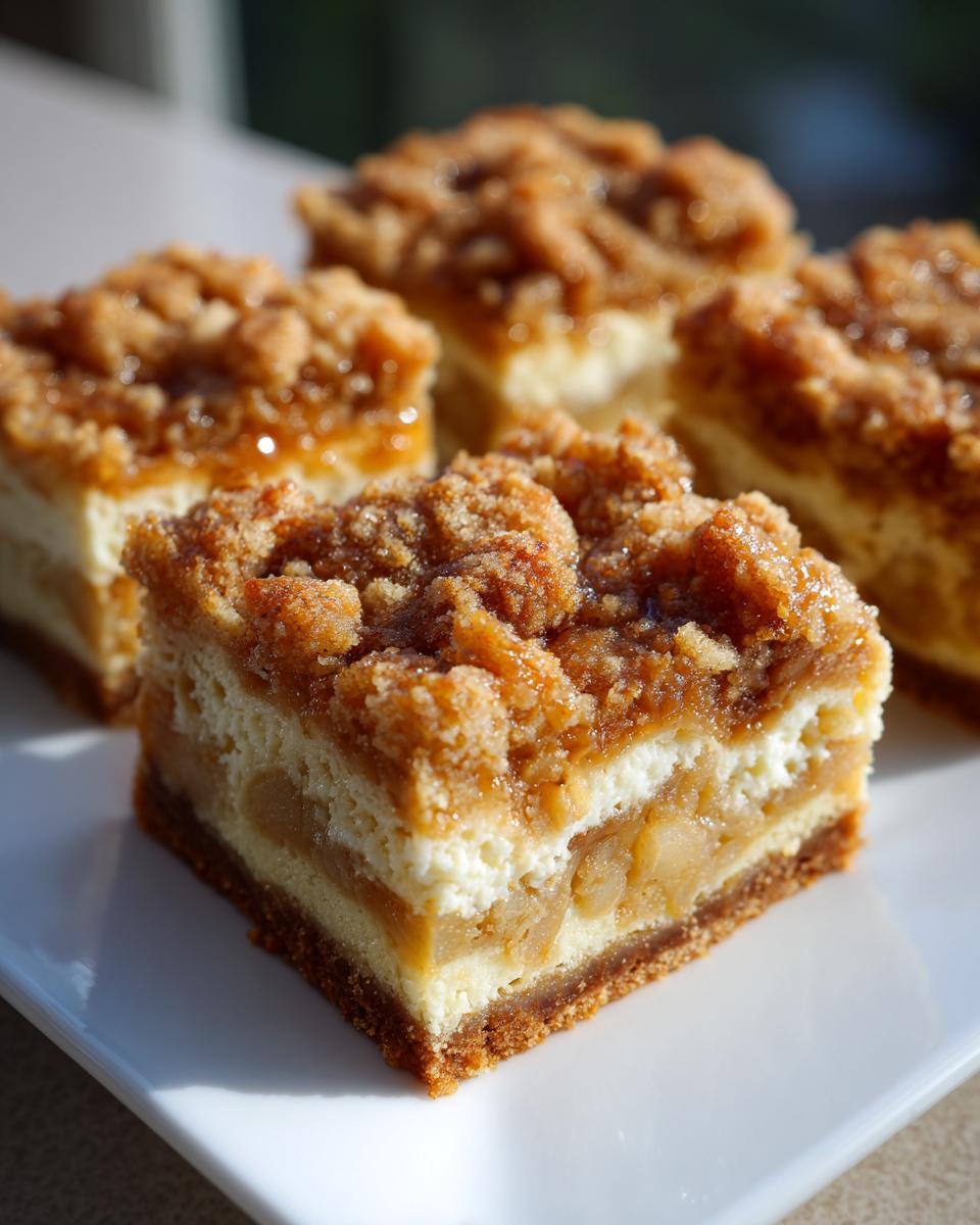 A close-up of a square apple cheesecake bar featuring a graham cracker crust, creamy filling, apple layer, and brown sugar crumble topping.