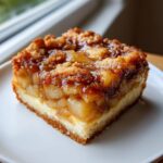 A close-up of a square slice of apple cheesecake bars with a crumb topping.