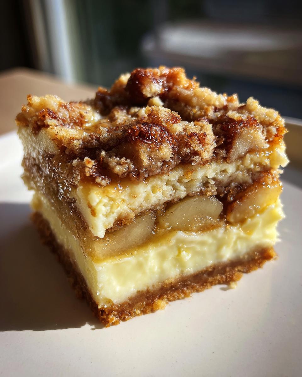 Close-up of a layered apple cheesecake bars slice showing graham cracker crust, creamy cheesecake, spiced apples, and cinnamon crumble topping.