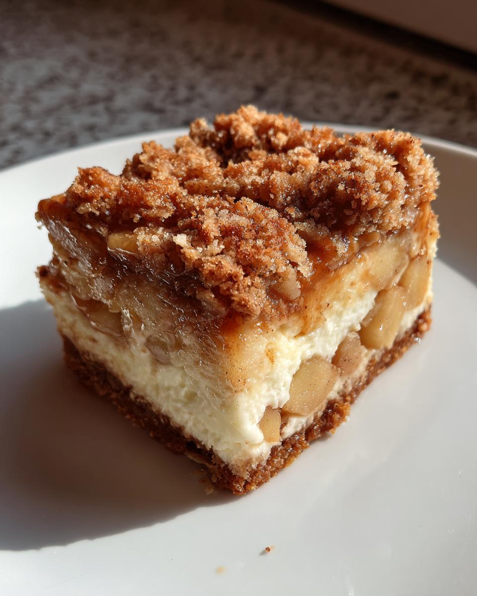 A single, thick square of apple cheesecake bars featuring a graham cracker crust, creamy filling, spiced apple chunks, and a crumb topping.