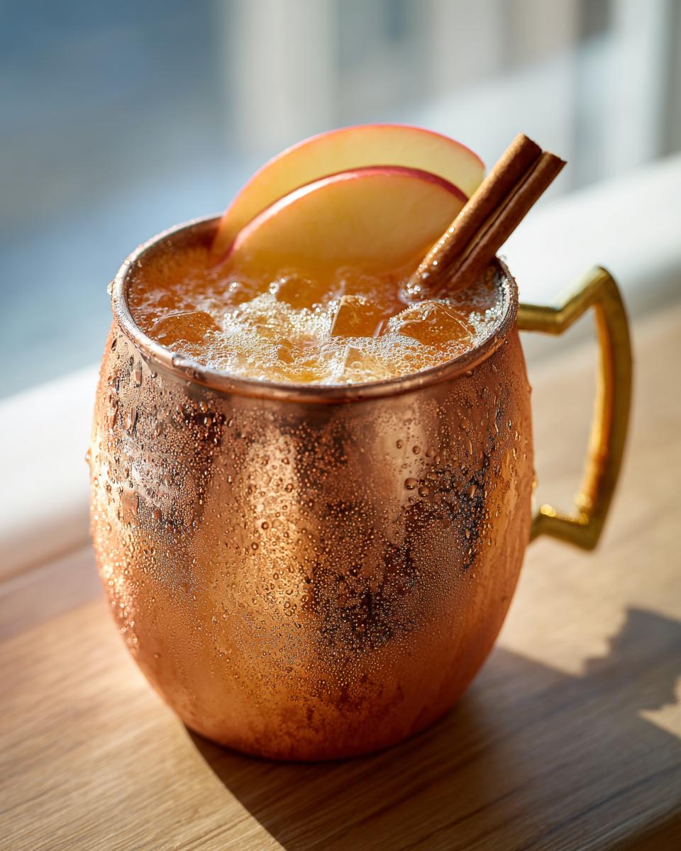 A frosty copper mug filled with a bubbly apple cider Moscow mule, garnished with apple slices and a cinnamon stick.