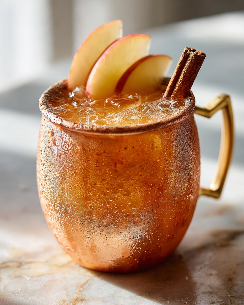 A frosty copper mug filled with an apple cider Moscow mule, garnished with apple slices and a cinnamon stick.