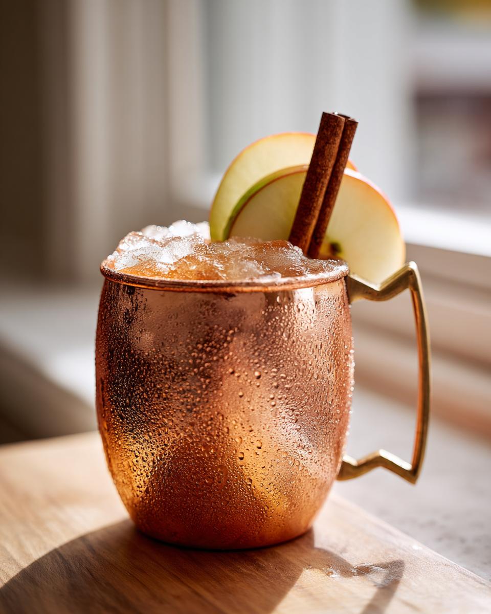 A frosty copper mug filled with an Apple Cider Moscow Mule, garnished with apple slices and cinnamon sticks.