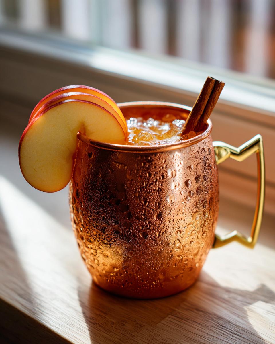 A frosty copper mug filled with an apple cider Moscow mule, garnished with apple slices and a cinnamon stick.