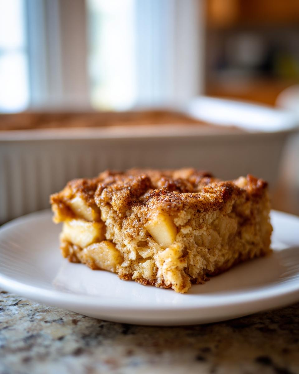 Close-up of a square slice of apple cinnamon baked oatmeal topped with cinnamon sugar on a white plate.