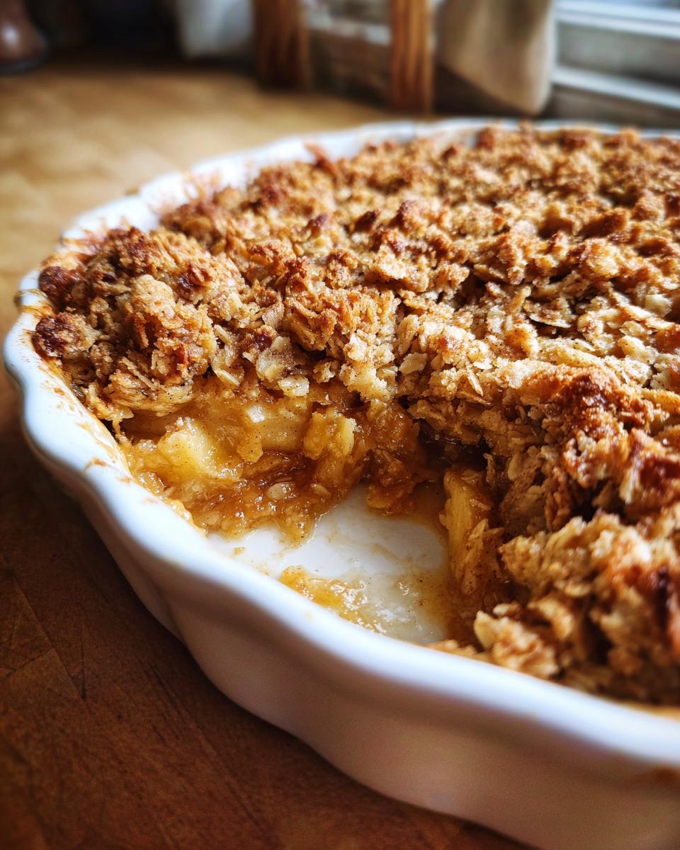 Close-up of a freshly baked apple crisp recipe in a white dish, showing a scoop removed to reveal warm, gooey apples underneath the oat topping.