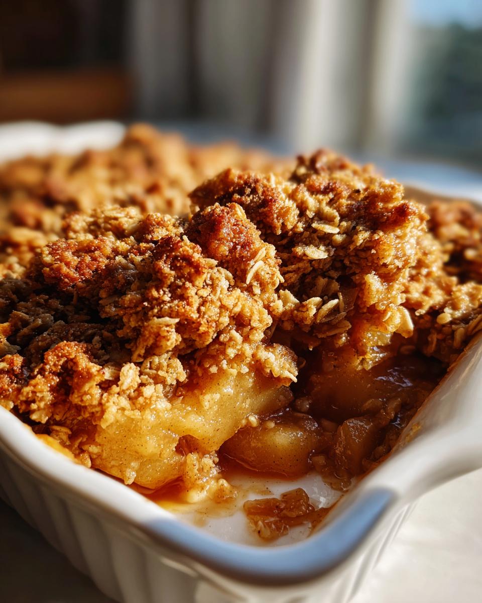 A close-up, sunlit view of a baked apple crisp recipe showing the bubbling, saucy apples beneath a thick, crunchy oat topping.