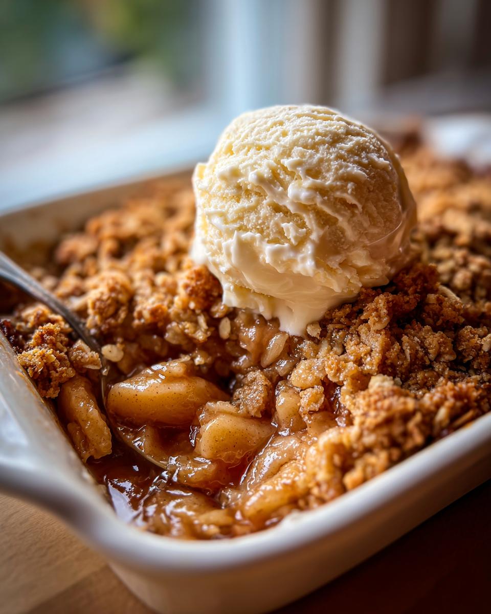 Close-up of a scoop of vanilla ice cream melting over a warm, bubbly apple crisp recipe in a white baking dish.