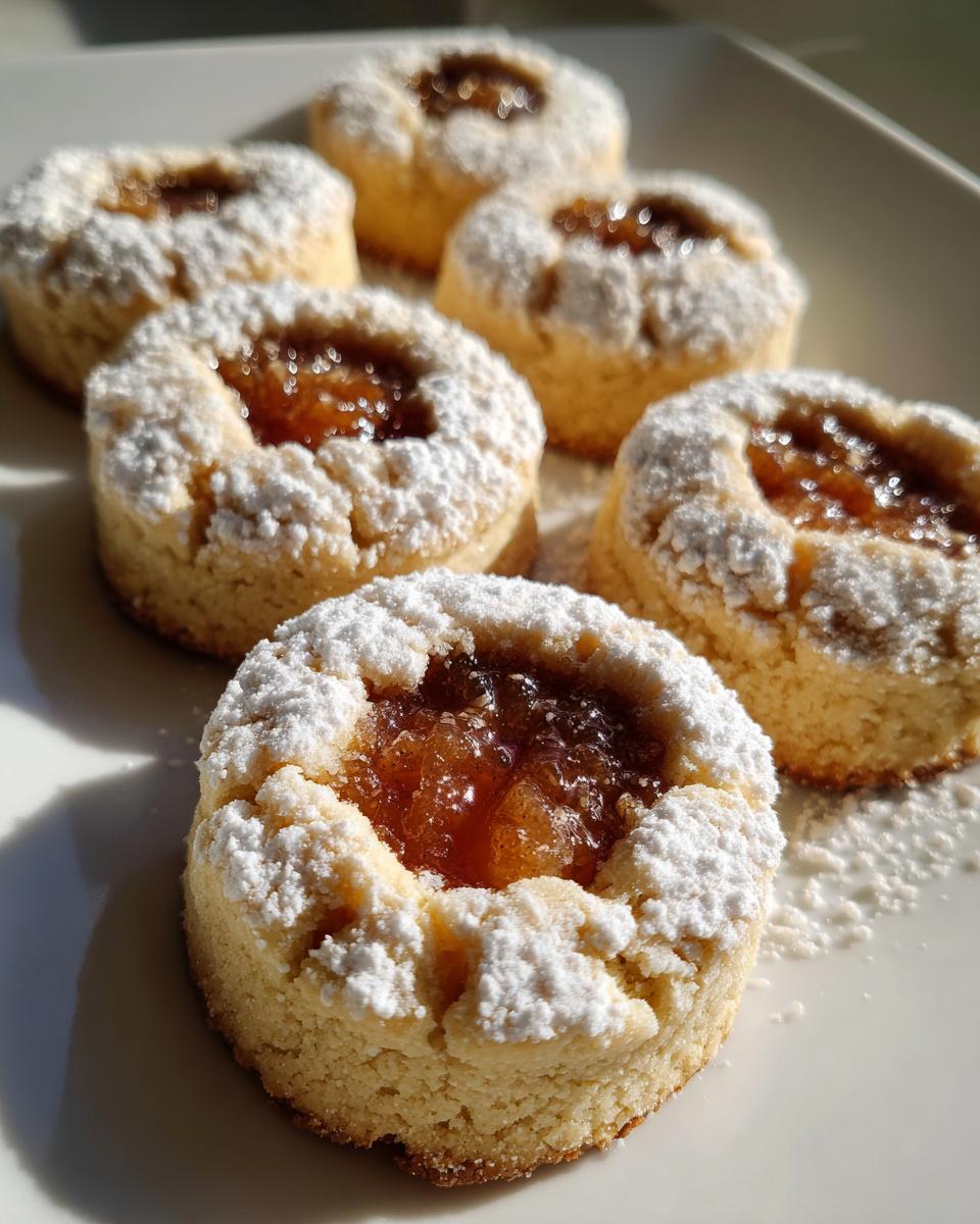 Close-up of several round apple pie cookies dusted with powdered sugar, featuring a visible dollop of apple jam filling in the center.