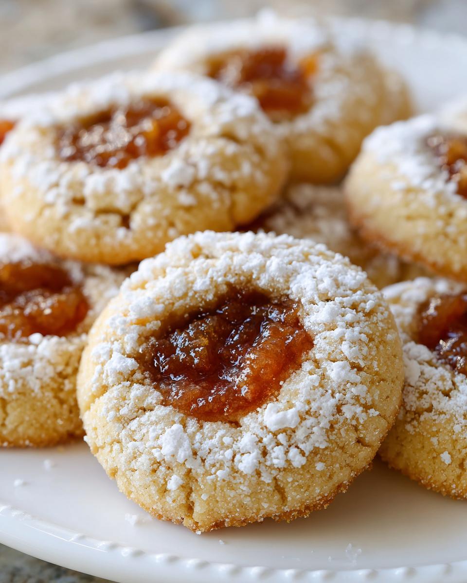 Close-up of freshly baked apple pie cookies dusted with powdered sugar and filled with apple jam.