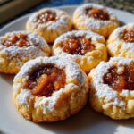 A plate of freshly baked apple pie cookies, dusted heavily with powdered sugar and filled with chunky apple jam.