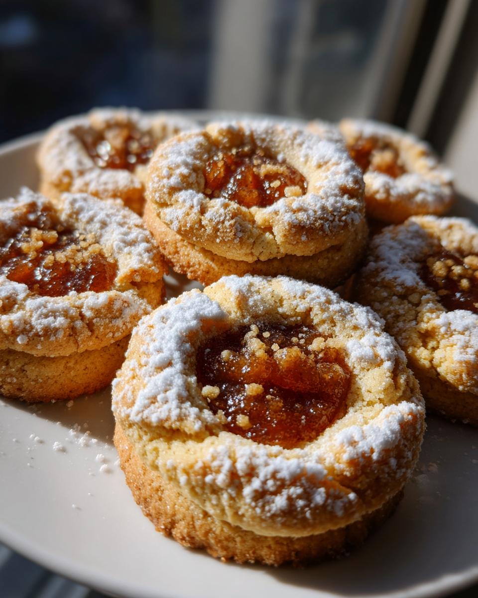 A plate of freshly baked apple pie cookies, dusted heavily with powdered sugar, showing the jam filling.