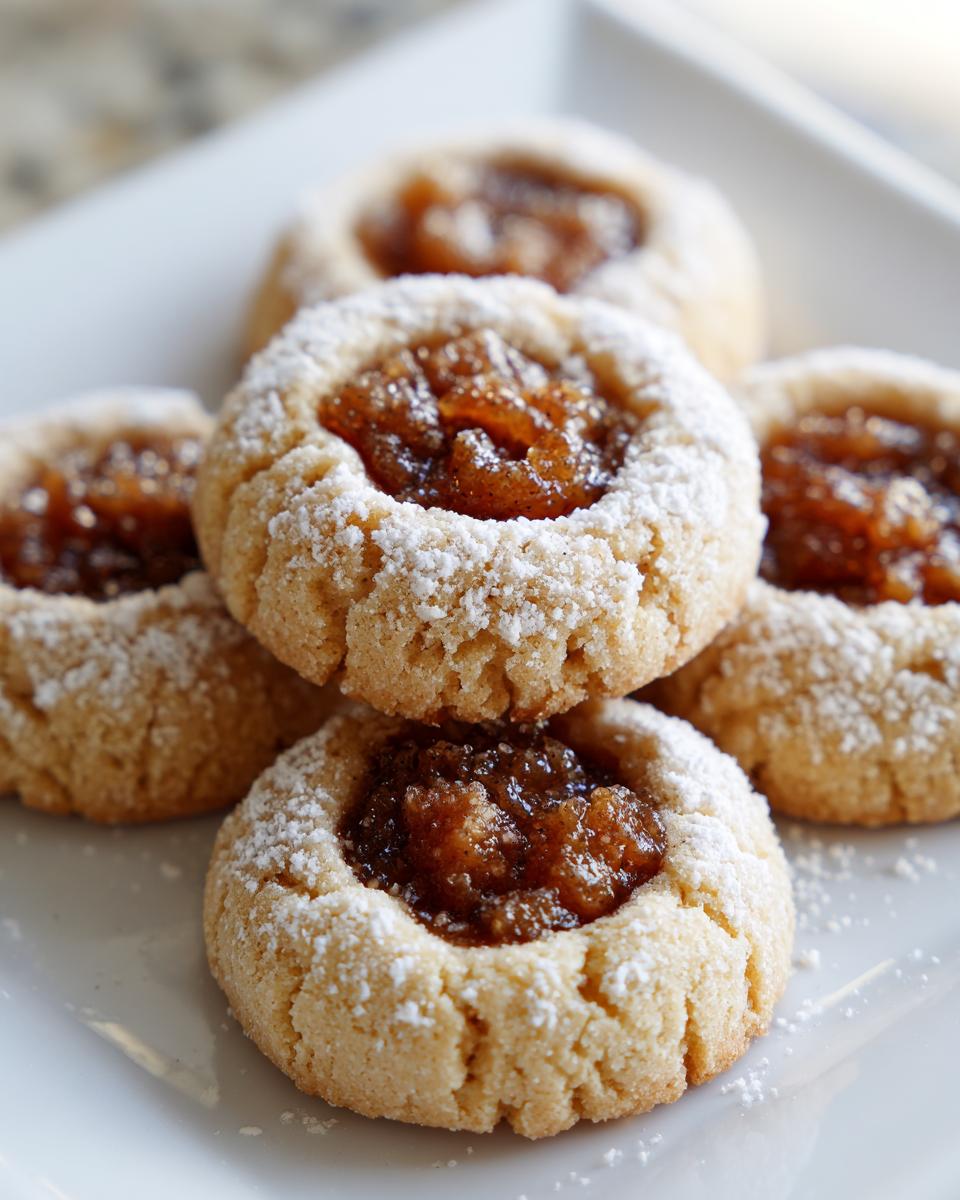 A stack of thumbprint-style apple pie cookies dusted with powdered sugar, featuring a rich apple filling.