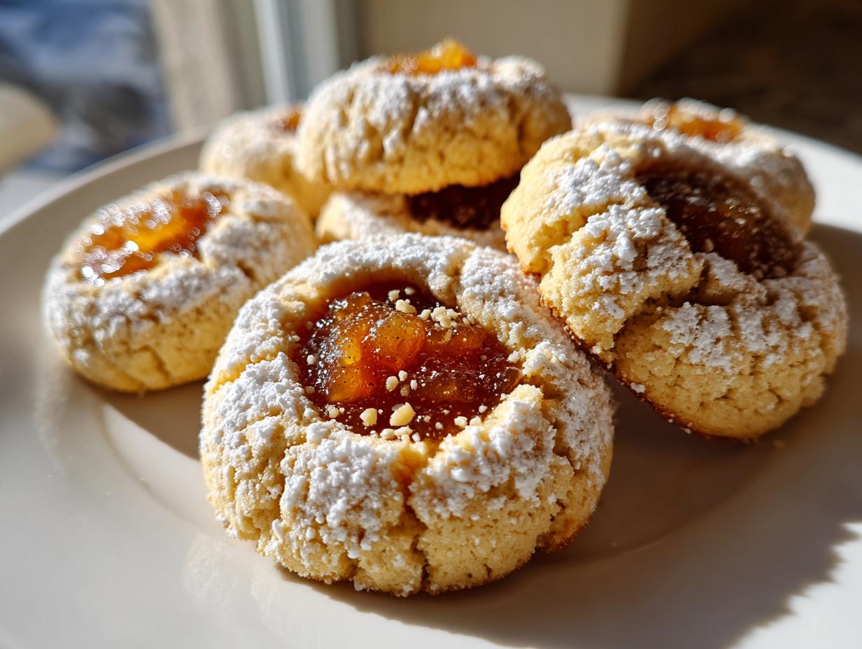 A plate of freshly baked apple pie cookies, dusted heavily with powdered sugar and filled with amber-colored apple jam.