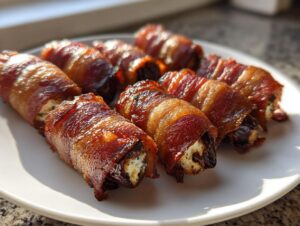 Close-up of several crispy, bacon-wrapped stuffed dates arranged on a white plate, glistening in sunlight.