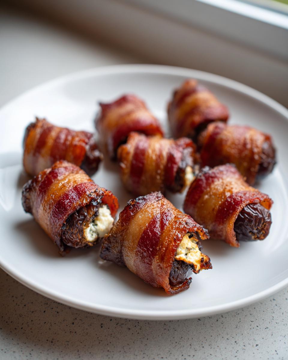 Close-up of several crispy bacon wrapped stuffed dates with visible cheese filling on a white plate.