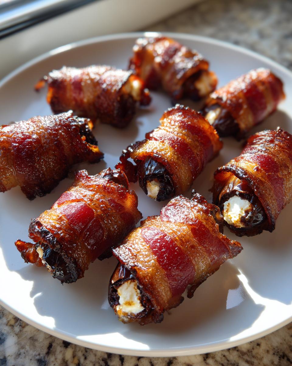 Close-up of crispy bacon wrapped stuffed dates filled with white cheese, served on a white plate.