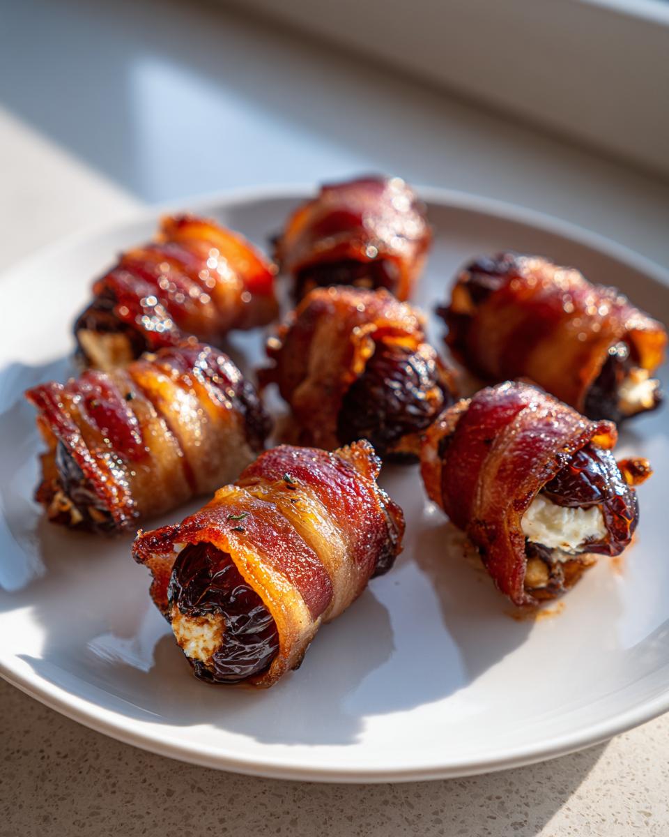 Close-up of crispy bacon wrapped stuffed dates filled with white cheese, served on a white plate.