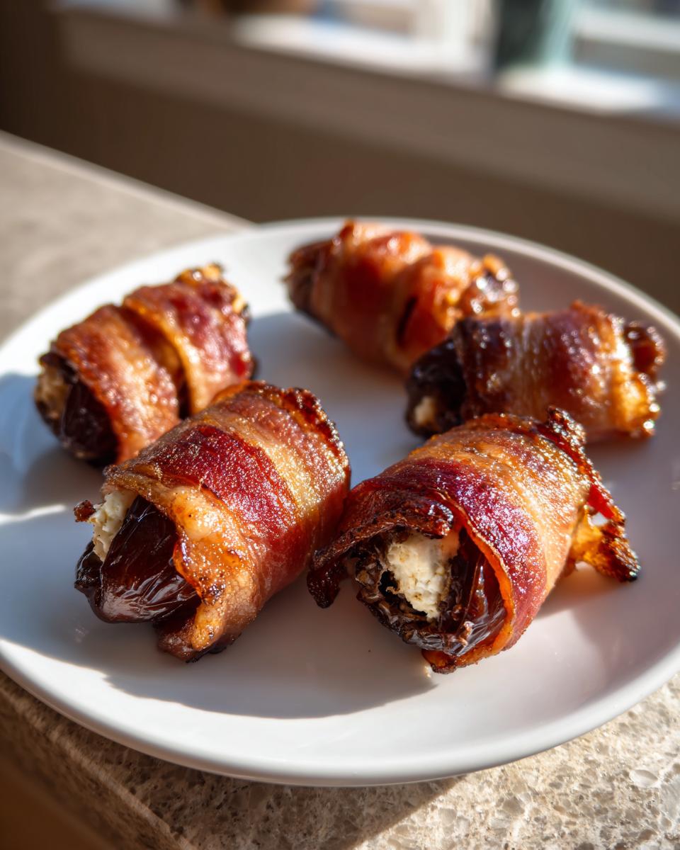 Close-up of five crispy, bacon-wrapped stuffed dates filled with white cheese, sitting on a white plate.