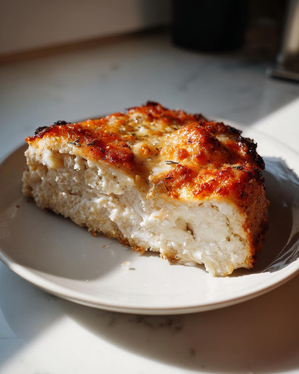 A thick slice of baked caesar chicken, showing moist white meat topped with a golden, bubbly, cheesy crust.