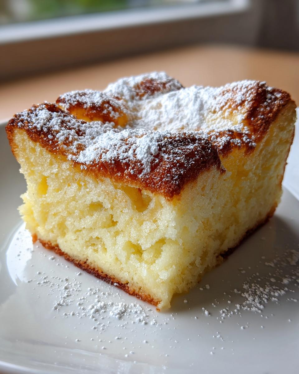Close-up of a golden brown slice of baked french toast casserole dusted heavily with powdered sugar on a white plate.