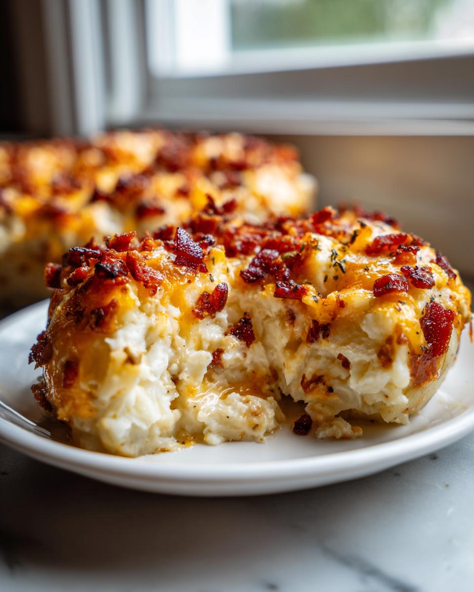 Close-up of a serving of rich baked potato casserole topped with melted cheese and crispy bacon bits.