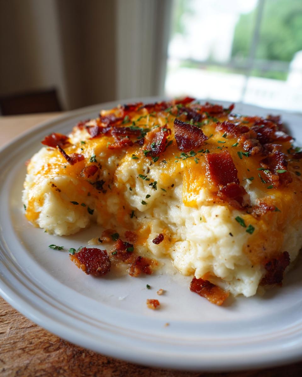 A scoop of creamy baked potato casserole topped with melted cheddar cheese and crispy bacon bits.