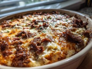 Close-up of a bubbling, baked Reuben dip topped with shredded corned beef and melted cheese.