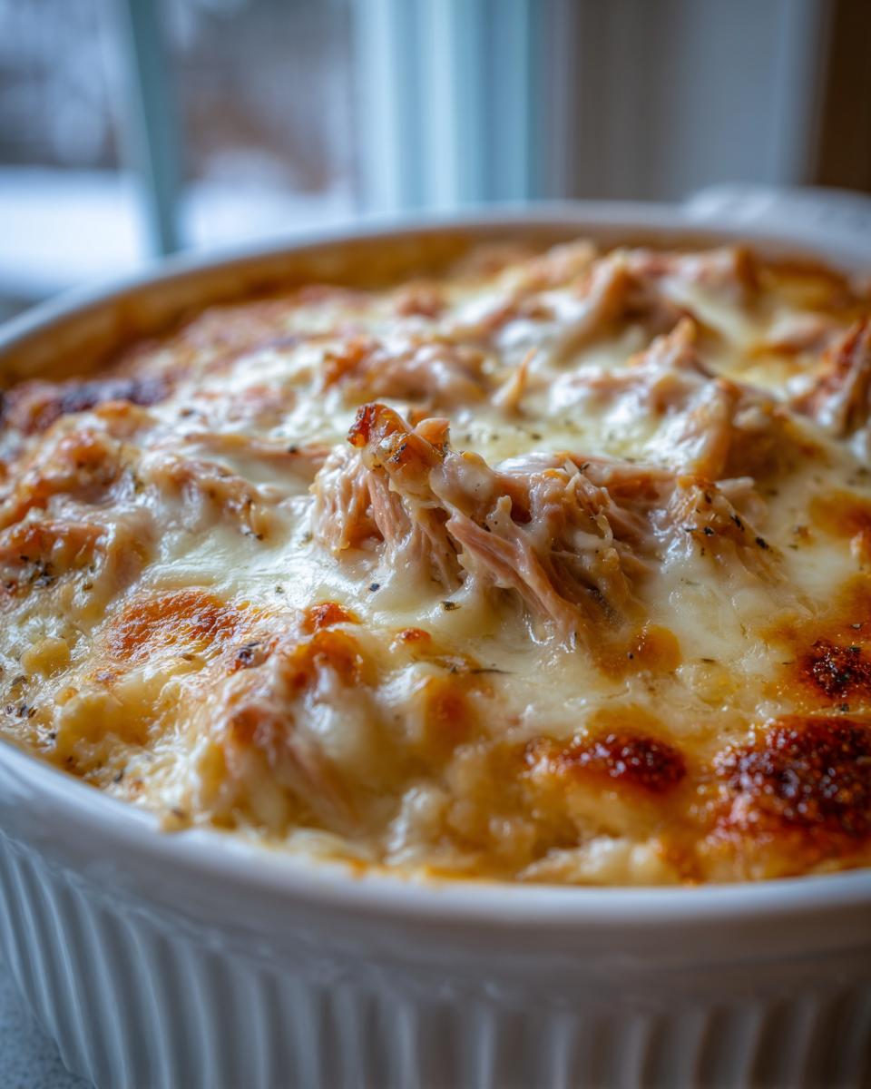 Close-up of a hot, bubbly reuben dip topped with melted, slightly browned cheese and shredded meat.