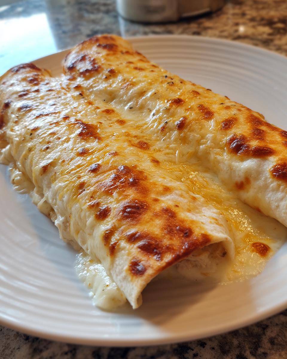 Two baked white chicken enchiladas covered in bubbly, browned cheese sauce on a white plate.