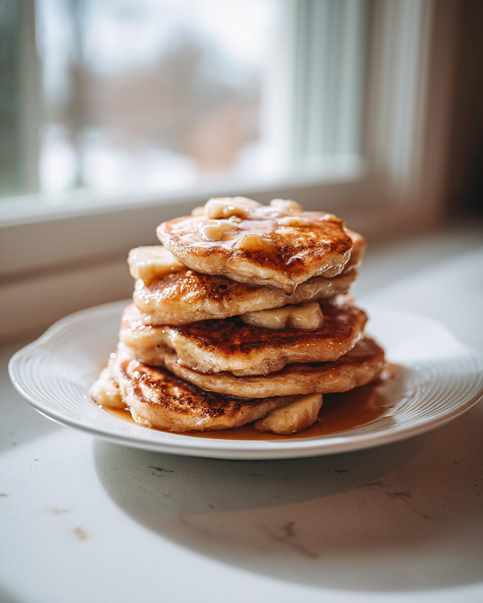 A tall stack of golden brown banana pancakes drizzled with syrup and topped with sliced bananas.