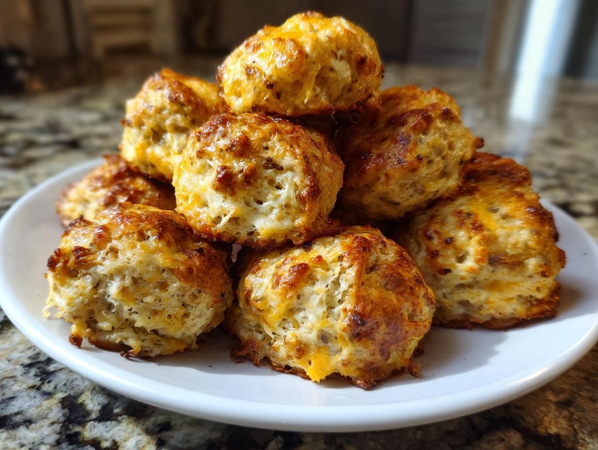 A stack of golden brown, cheesy bisquick sausage balls piled high on a white plate.