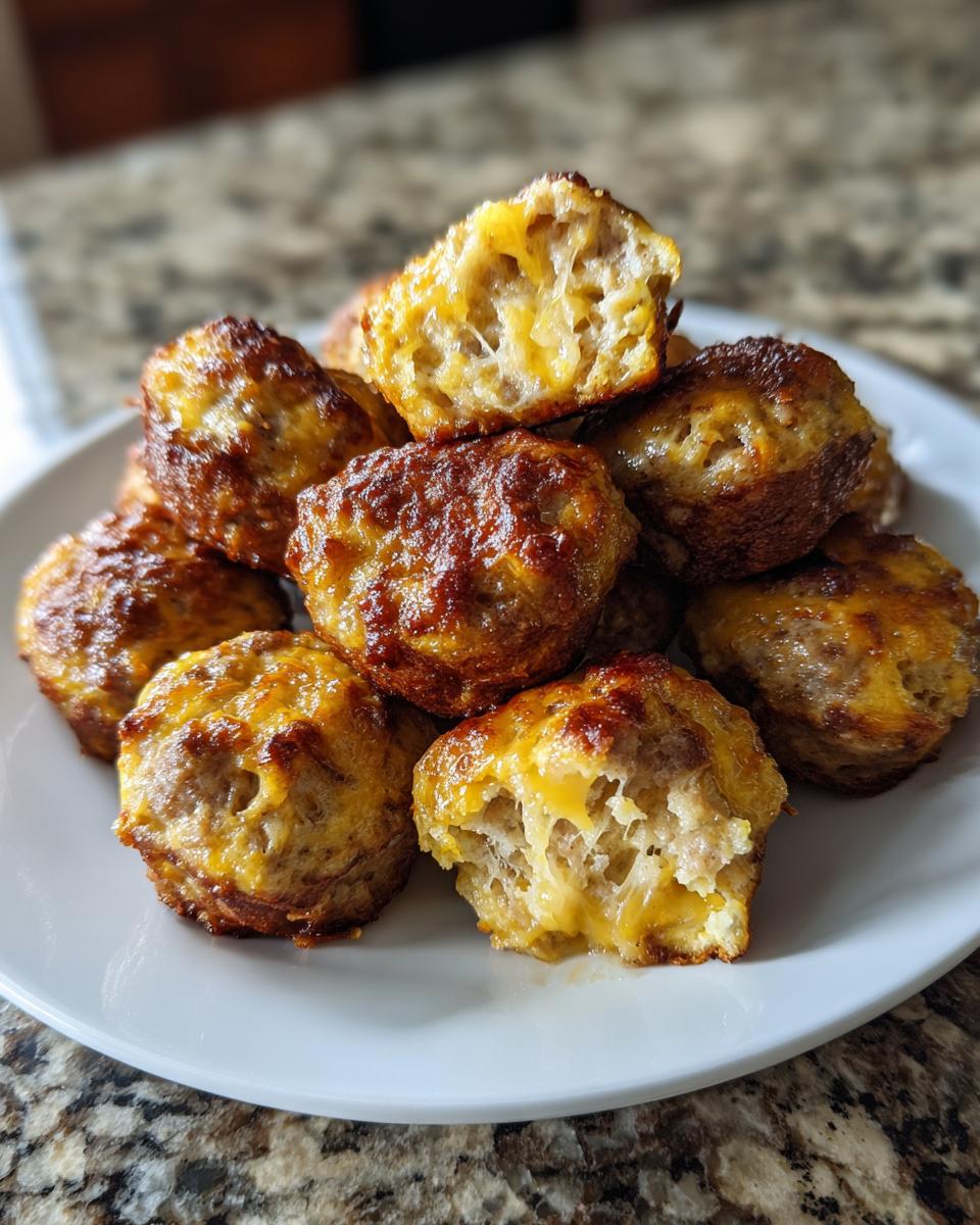 A pile of golden brown bisquick sausage balls, one broken open showing melted cheese inside.