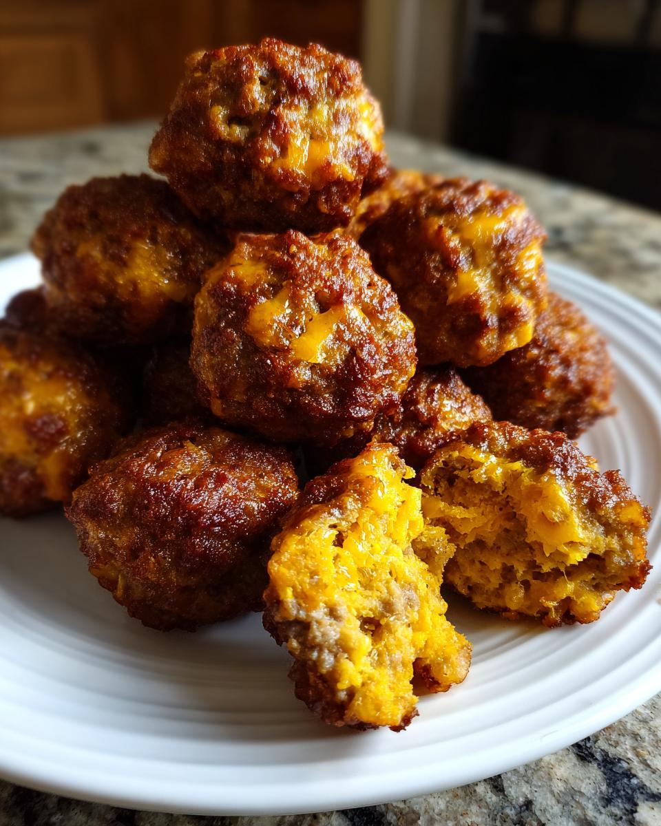 A stack of freshly baked bisquick sausage balls, one broken open showing the cheesy interior.