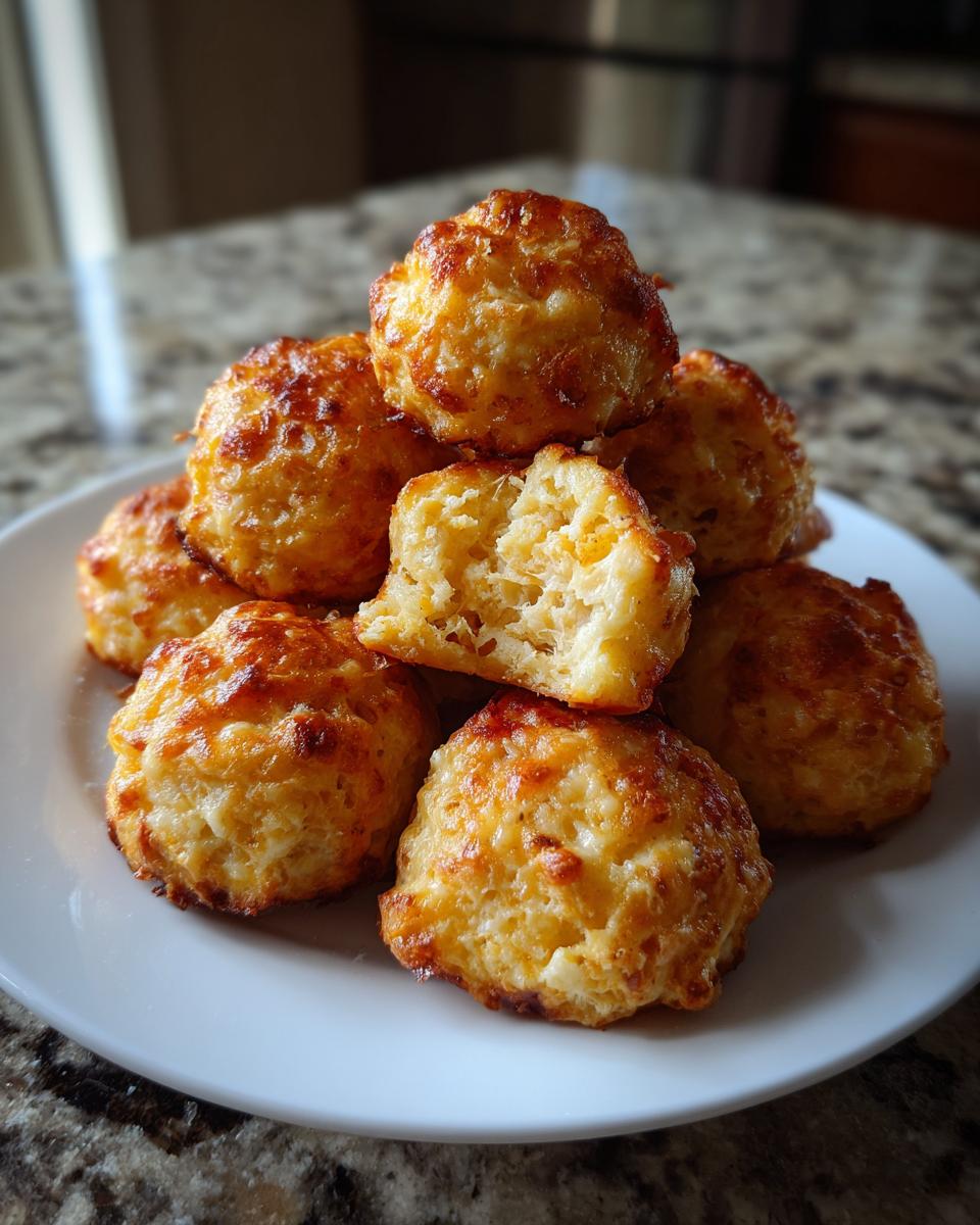 A stack of golden brown bisquick sausage balls on a white plate, one is broken open showing the fluffy interior.