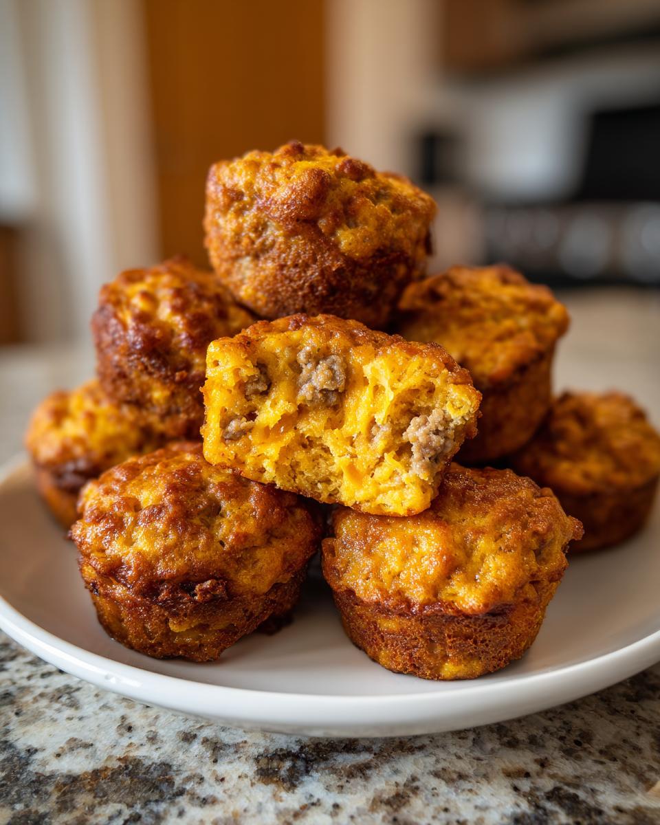 A stack of golden brown bisquick sausage balls on a white plate, one is broken open showing the sausage filling.