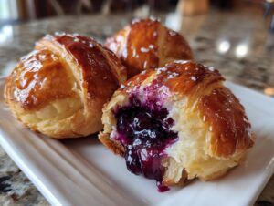 Close-up of three golden-brown Blueberry Pie Bombs, one broken open revealing a rich, purple blueberry filling.