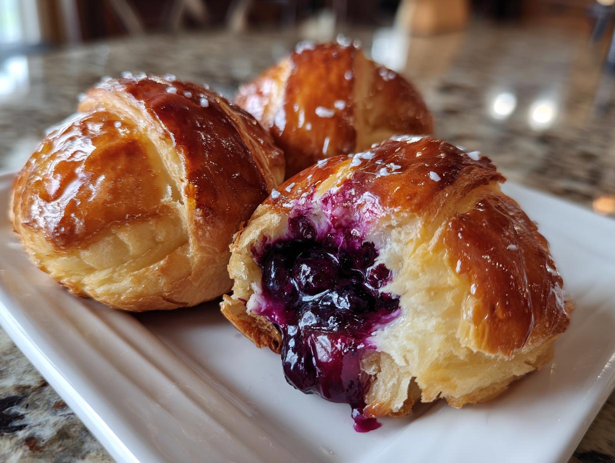 Close-up of three golden-brown Blueberry Pie Bombs, one broken open revealing a rich, purple blueberry filling.