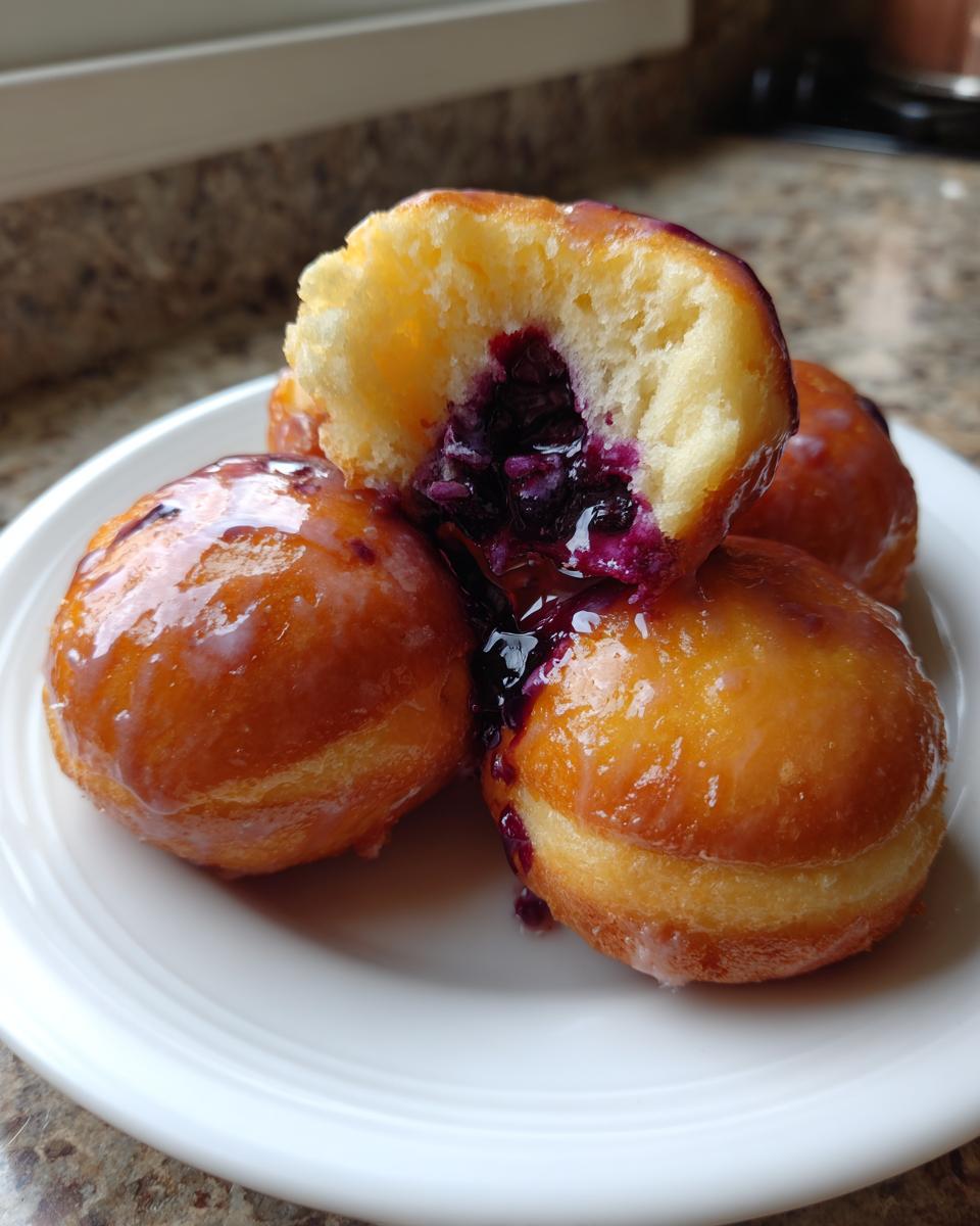 Close-up of glazed Blueberry Pie Bombs, one cut open revealing the rich blueberry filling inside.