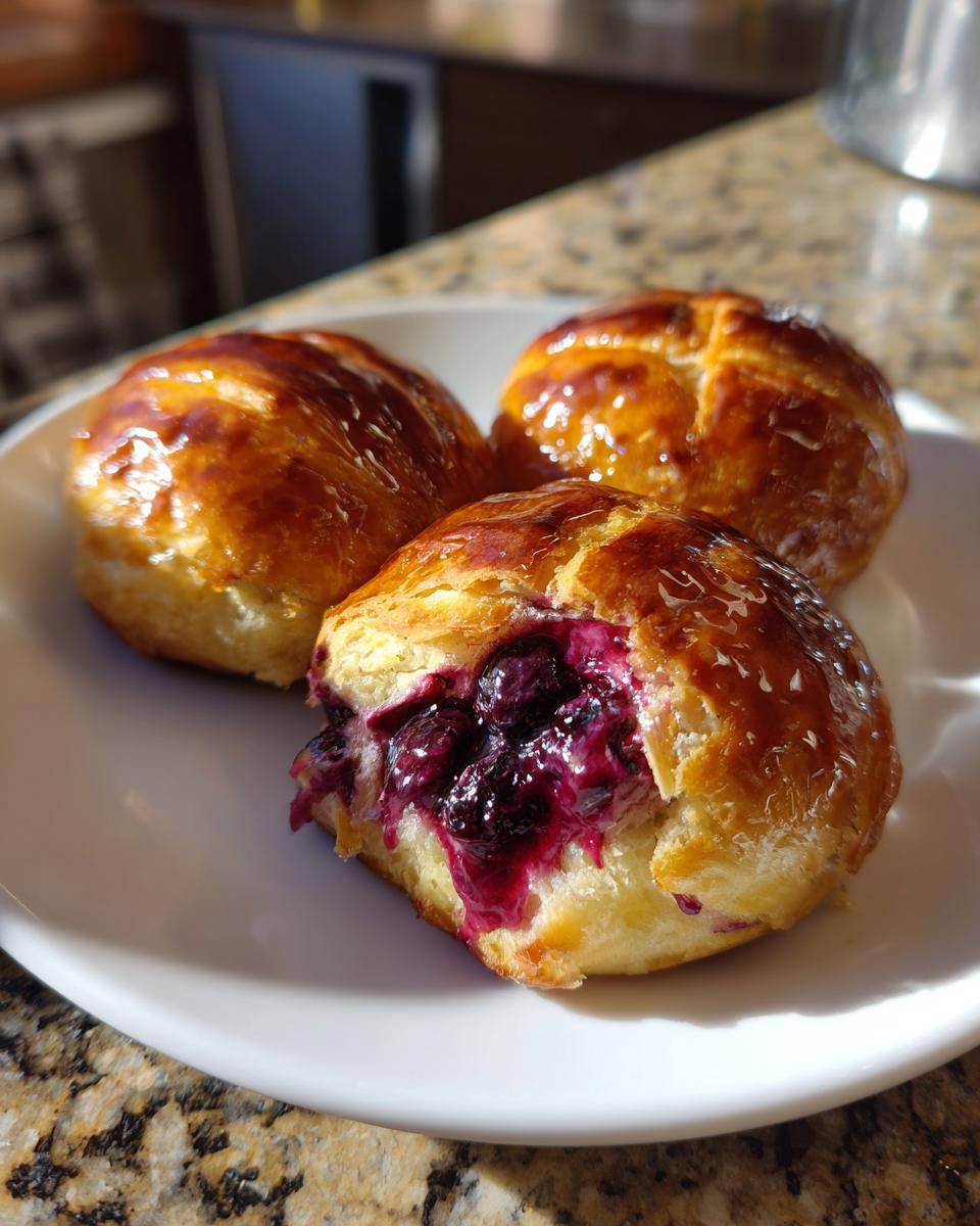 Three golden, glazed Blueberry Pie Bombs served on a white plate, one is broken open revealing the rich blueberry filling.