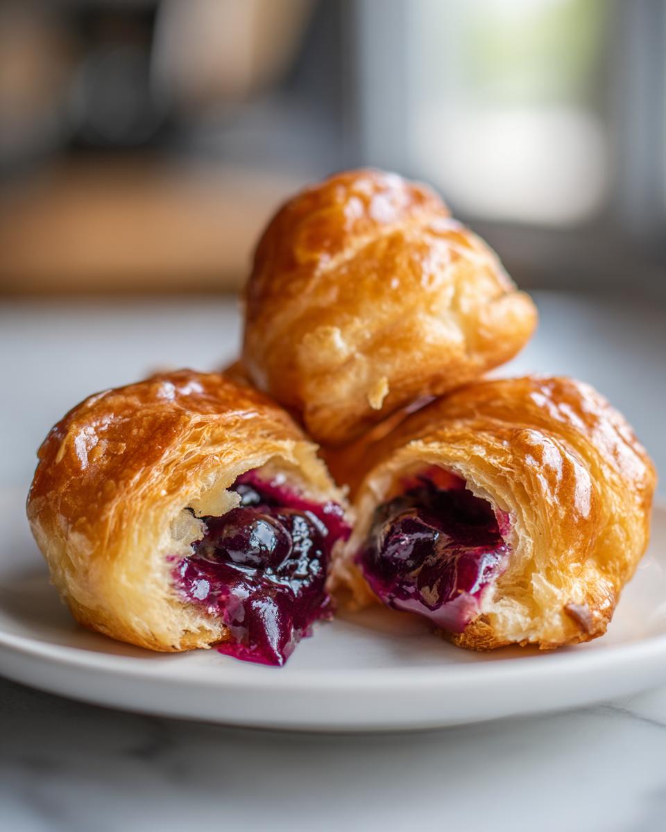 Close-up of flaky, golden Blueberry Pie Bombs, one cut open revealing a rich, gooey blueberry filling.