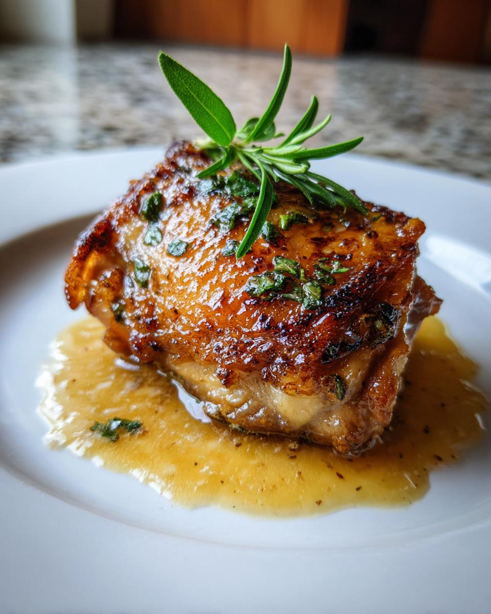 A single, beautifully glazed braised chicken thigh resting in its pan sauce, garnished with fresh rosemary and sage.